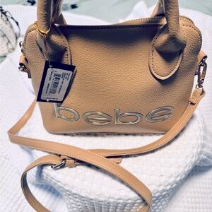 New Bebe Handbag Small Tan bag with adj strap double handles gold hardware bag